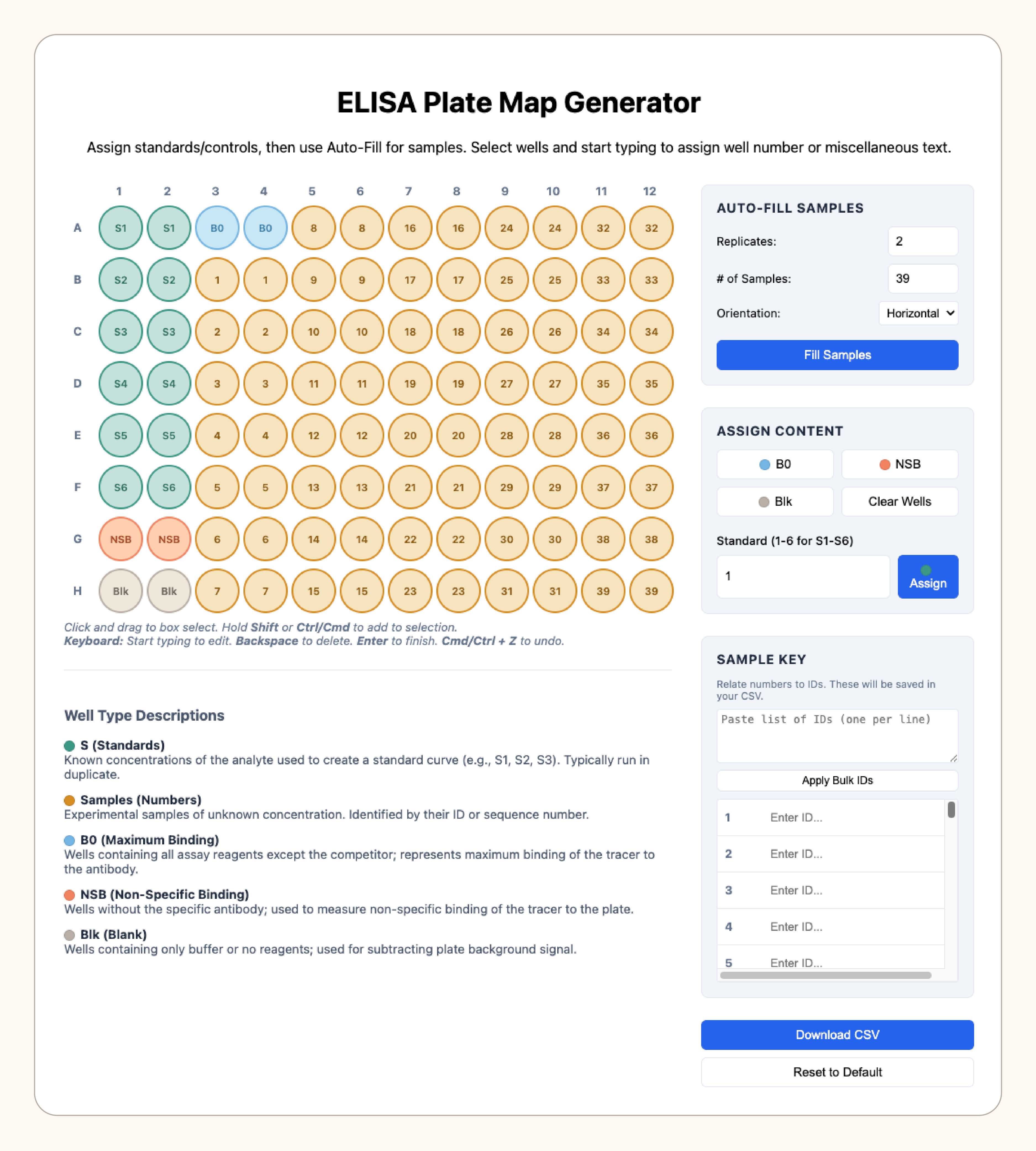 A screenshot of the ELISA plate map generator web tool