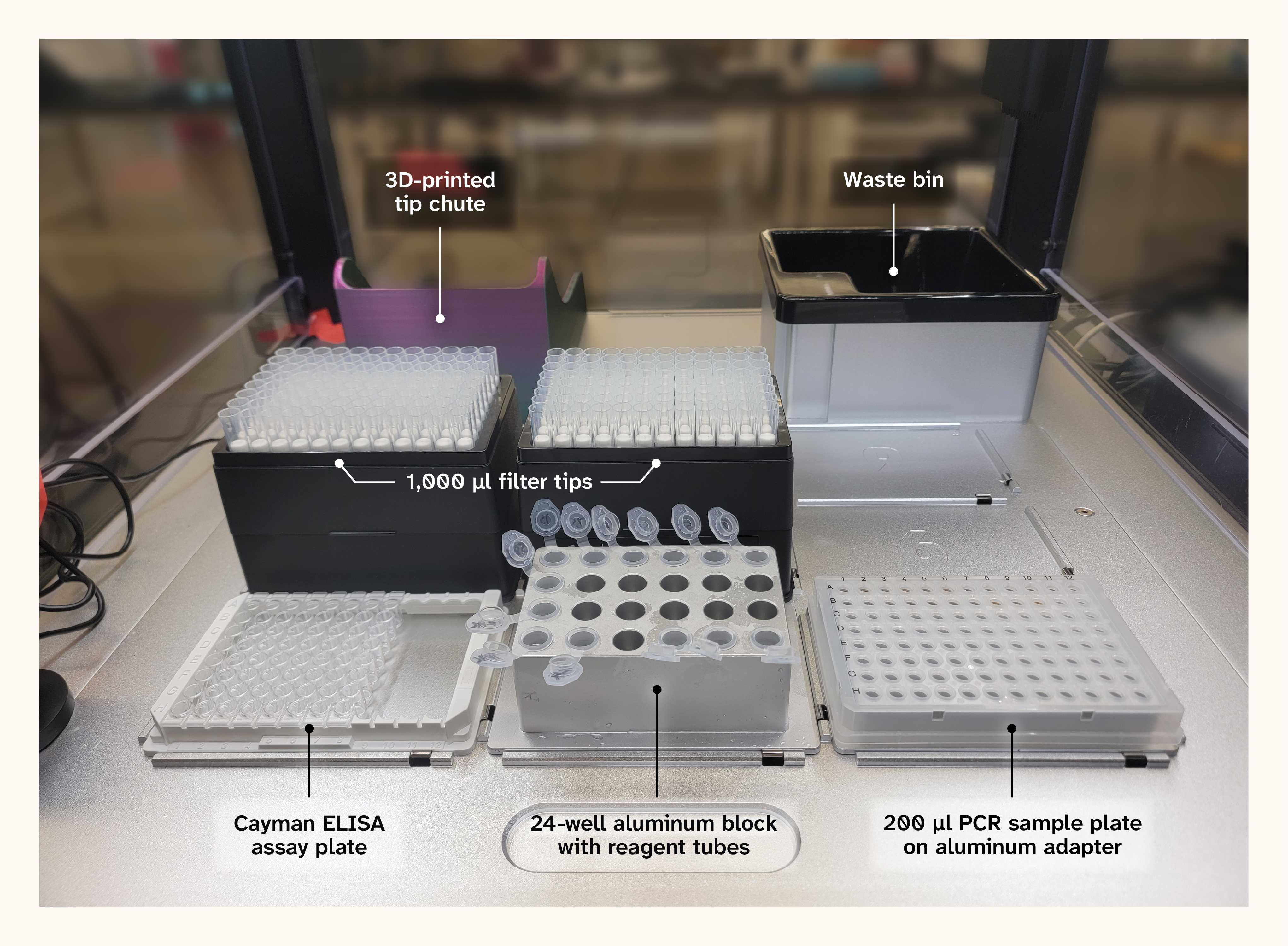 A photo of the OT-2 deck layout for the sample loading protocol where all labware is labeled.